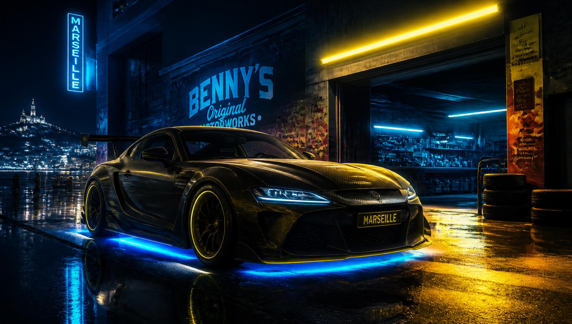 Voiture sportive carbone dans l'atelier LS Custom 13 à Marseille de nuit